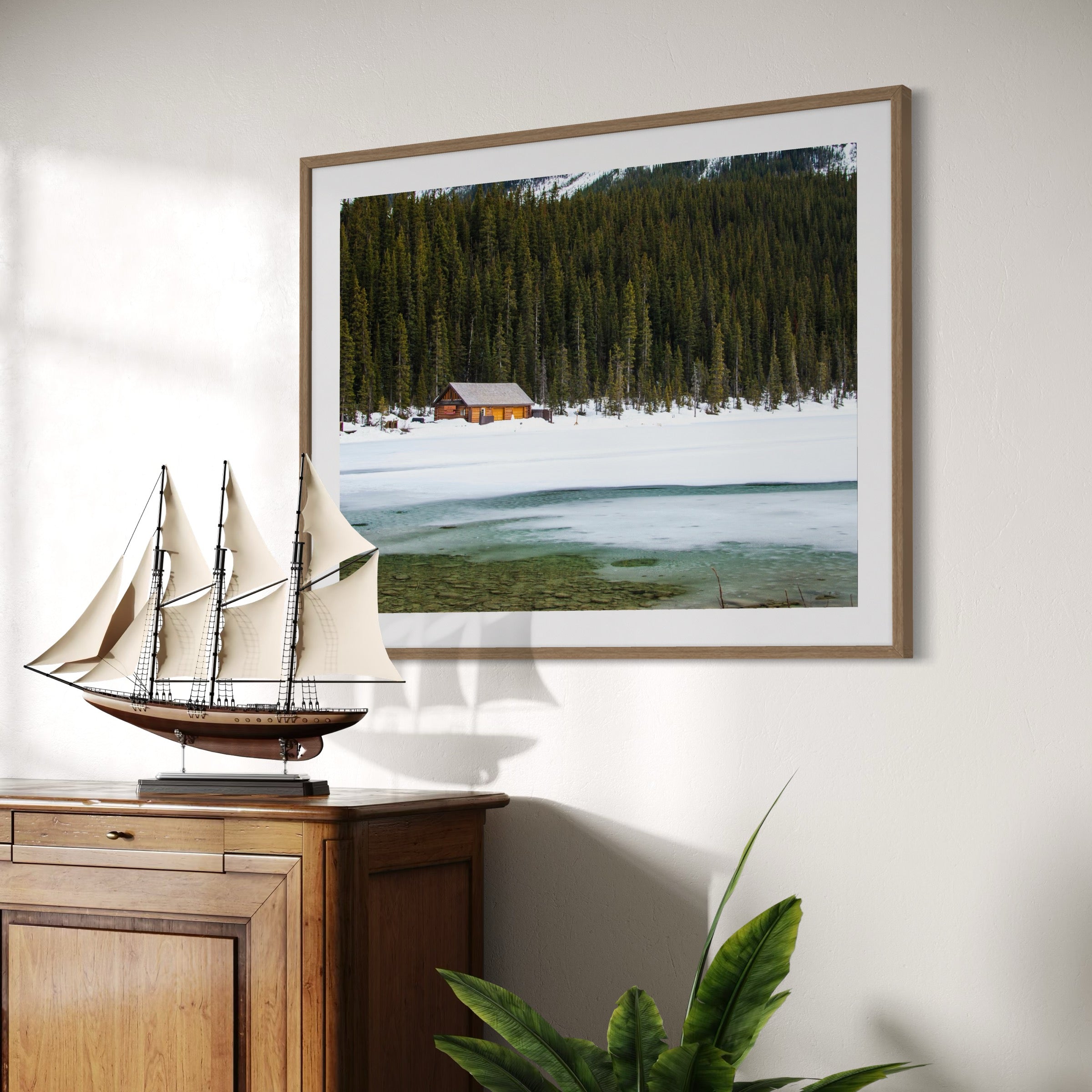 Snowy Cabin by the Lake - Moderno Wall Art Wall Art