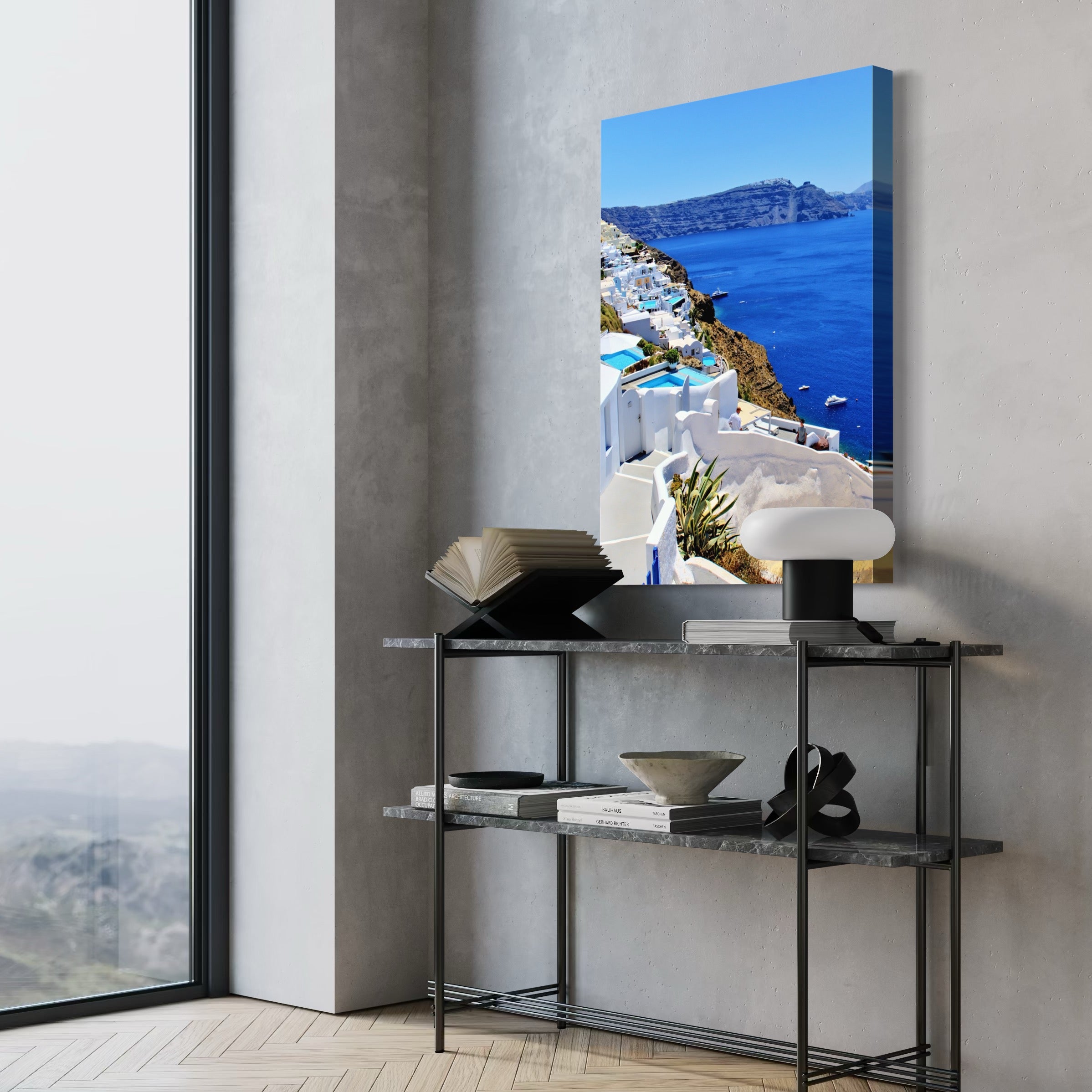 Sunlit Santorini Coastline - Moderno Wall Art Wall Art