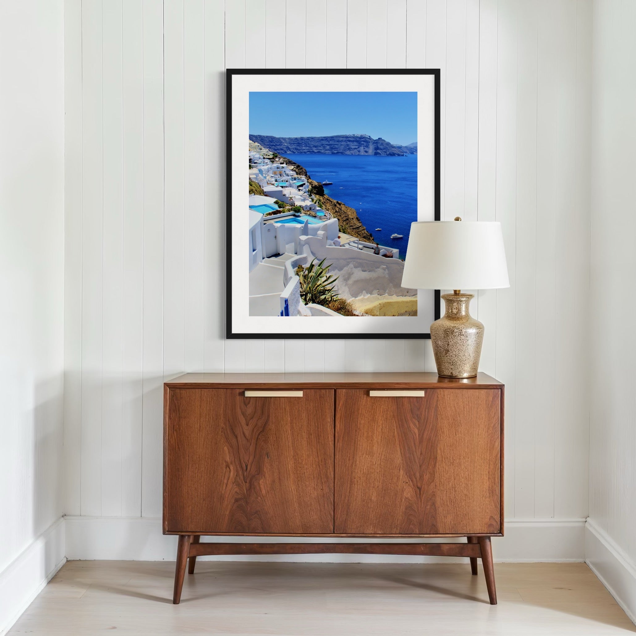 Sunlit Santorini Coastline - Moderno Wall Art Wall Art
