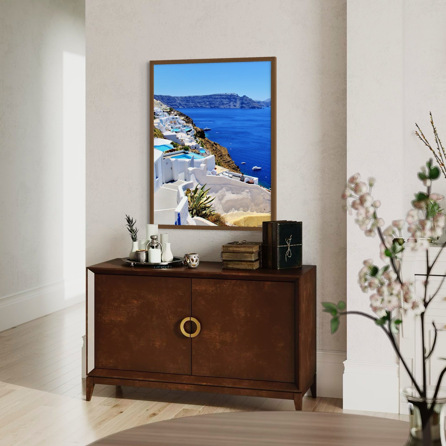 Sunlit Santorini Coastline - Moderno Wall Art Wall Art