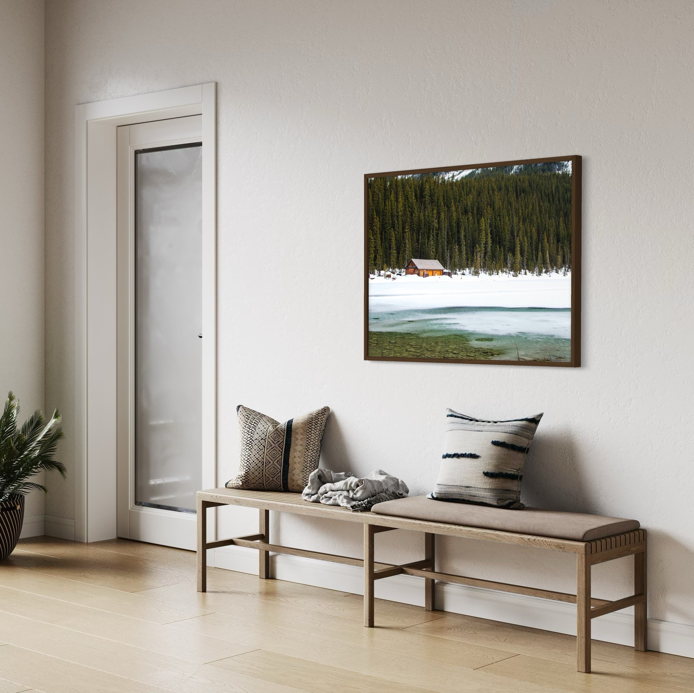 Snowy Cabin by the Lake - Moderno Wall Art Wall Art