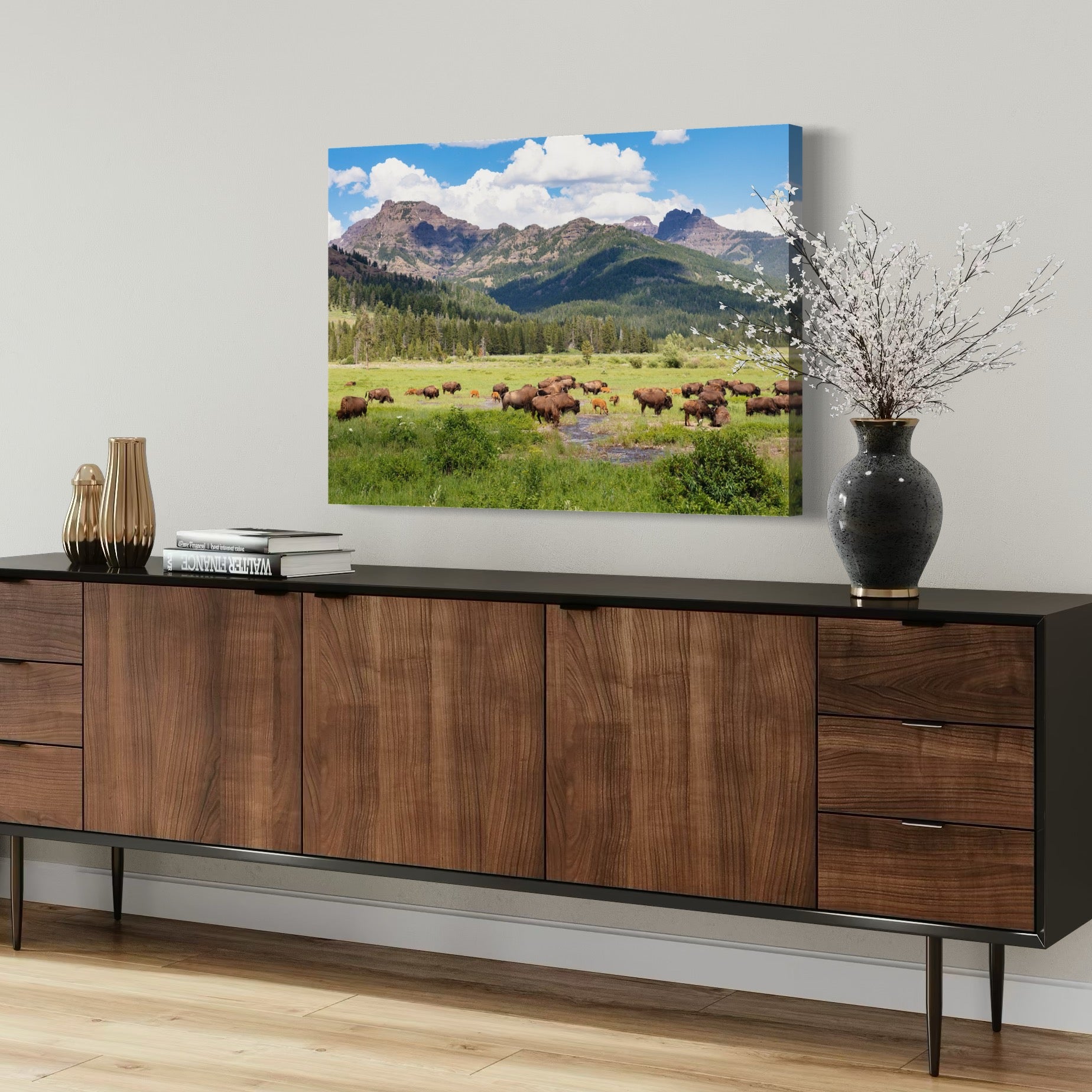 Bison Grazing in Yellowstone - Moderno Wall Art Wall Art