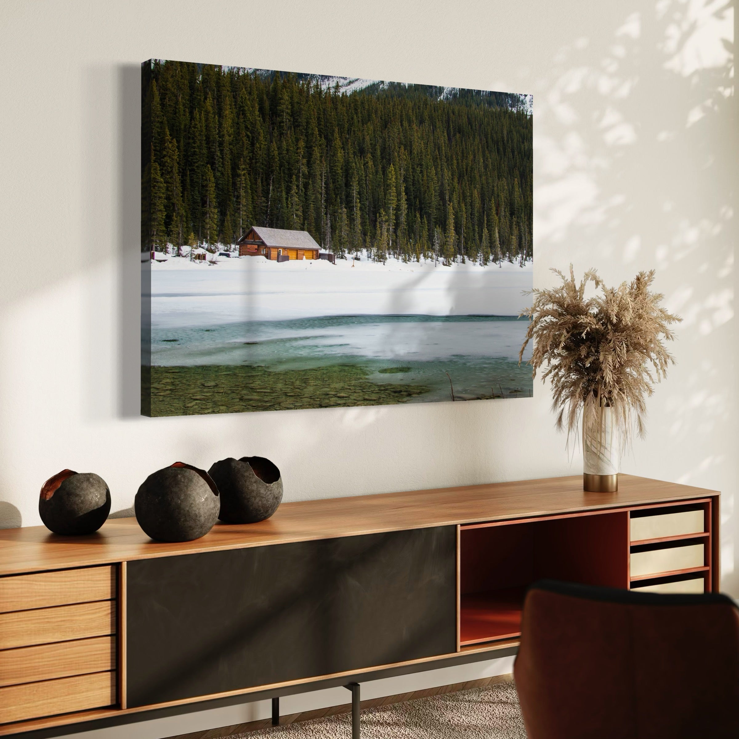 Snowy Cabin by the Lake - Moderno Wall Art Wall Art