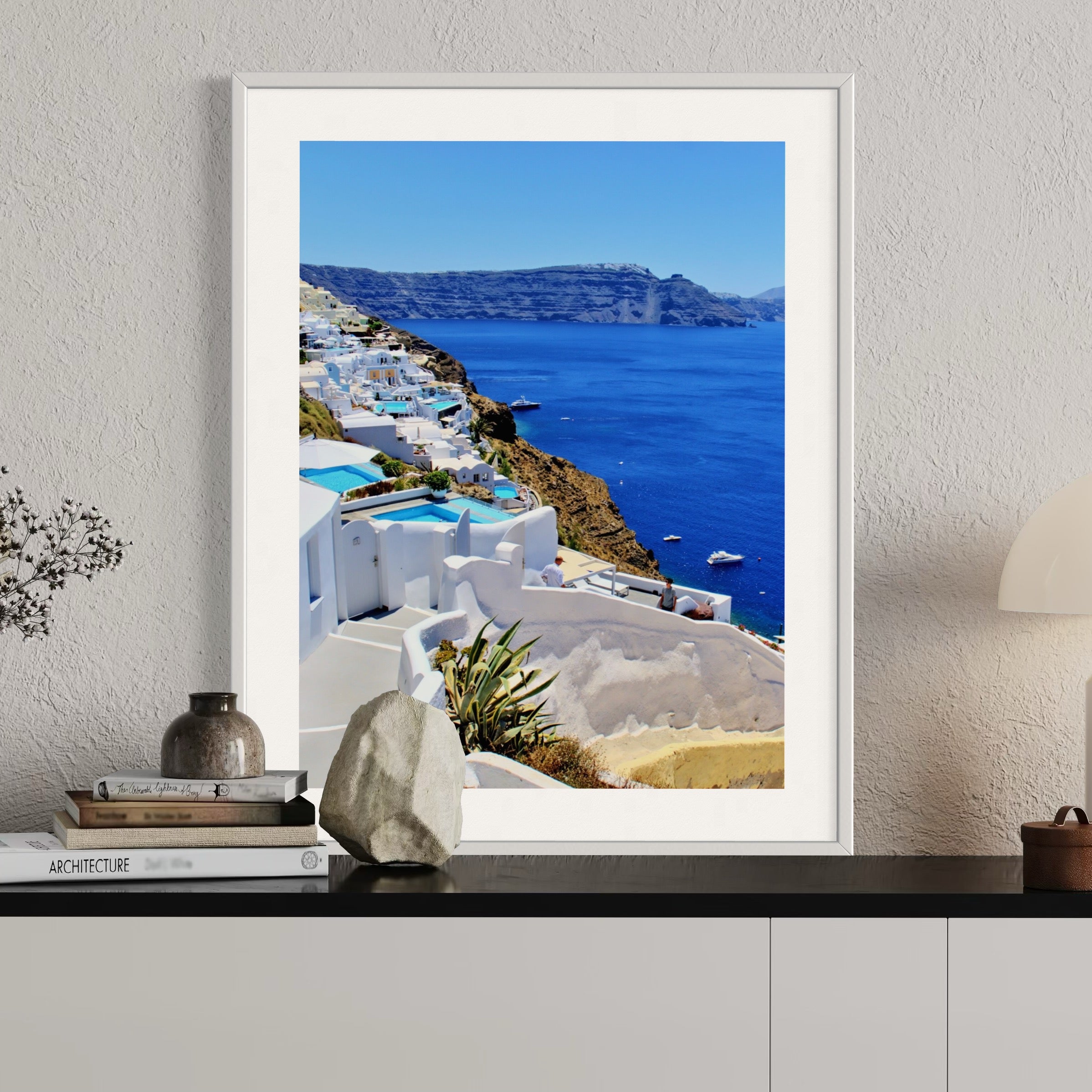 Sunlit Santorini Coastline - Moderno Wall Art Wall Art