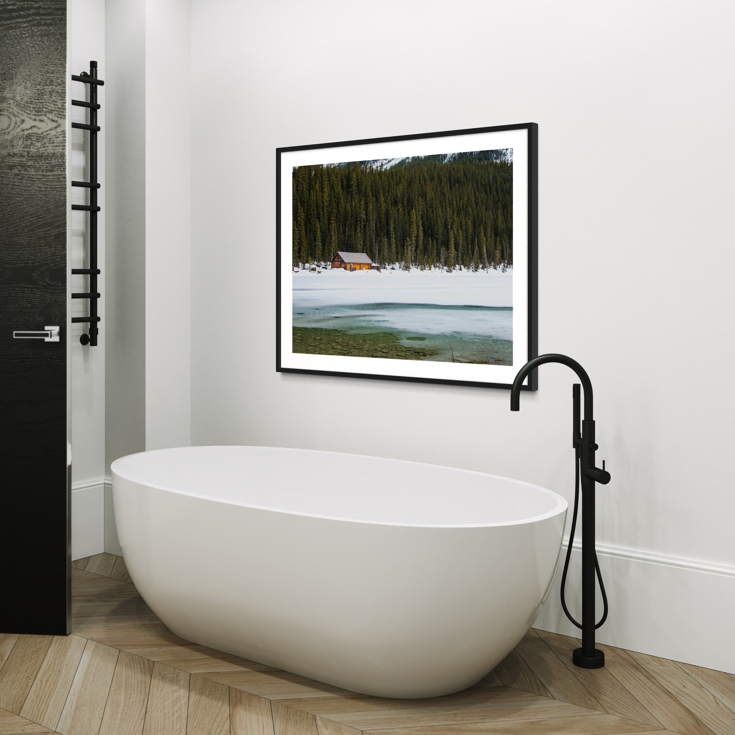 Snowy Cabin by the Lake - Moderno Wall Art Wall Art