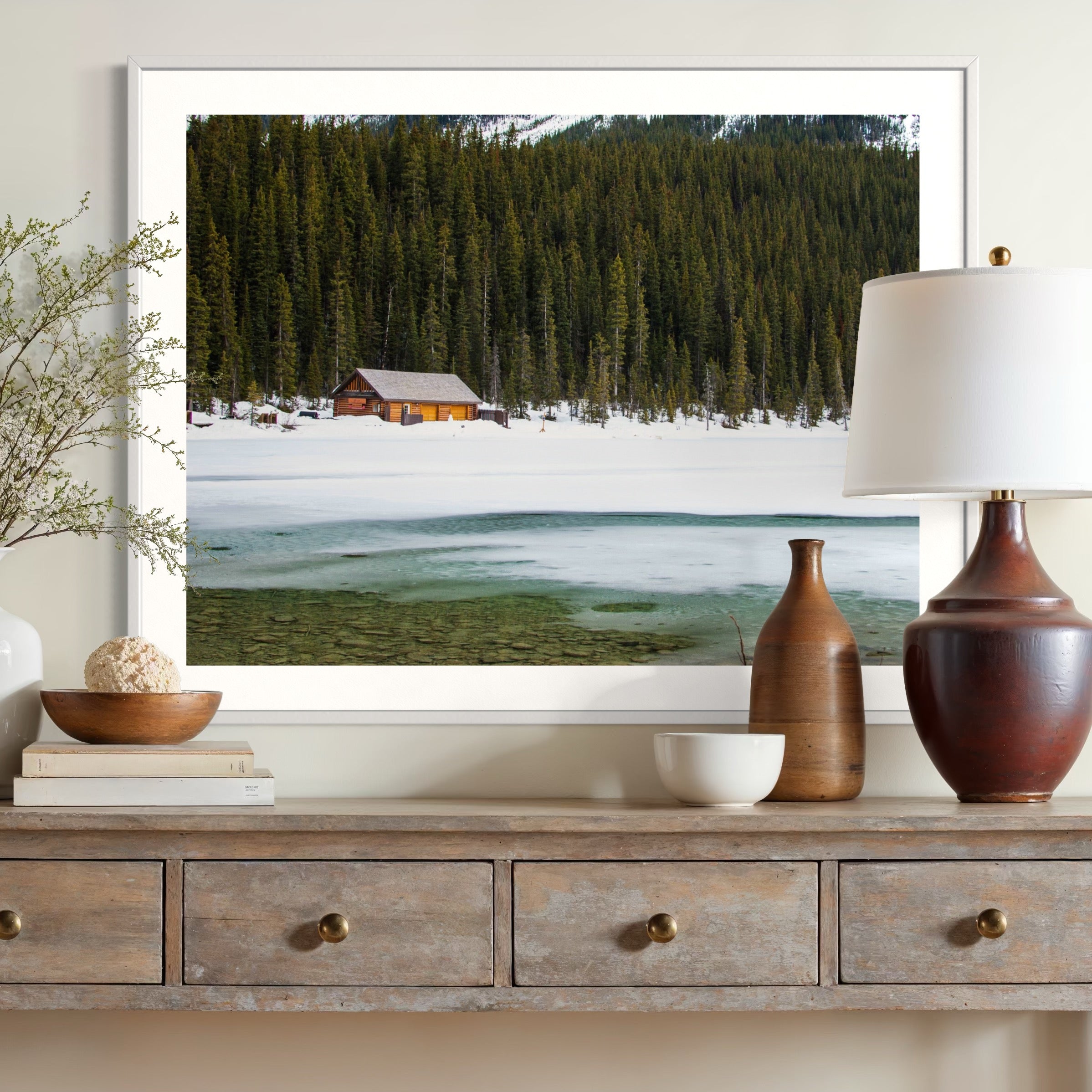 Snowy Cabin by the Lake - Moderno Wall Art Wall Art