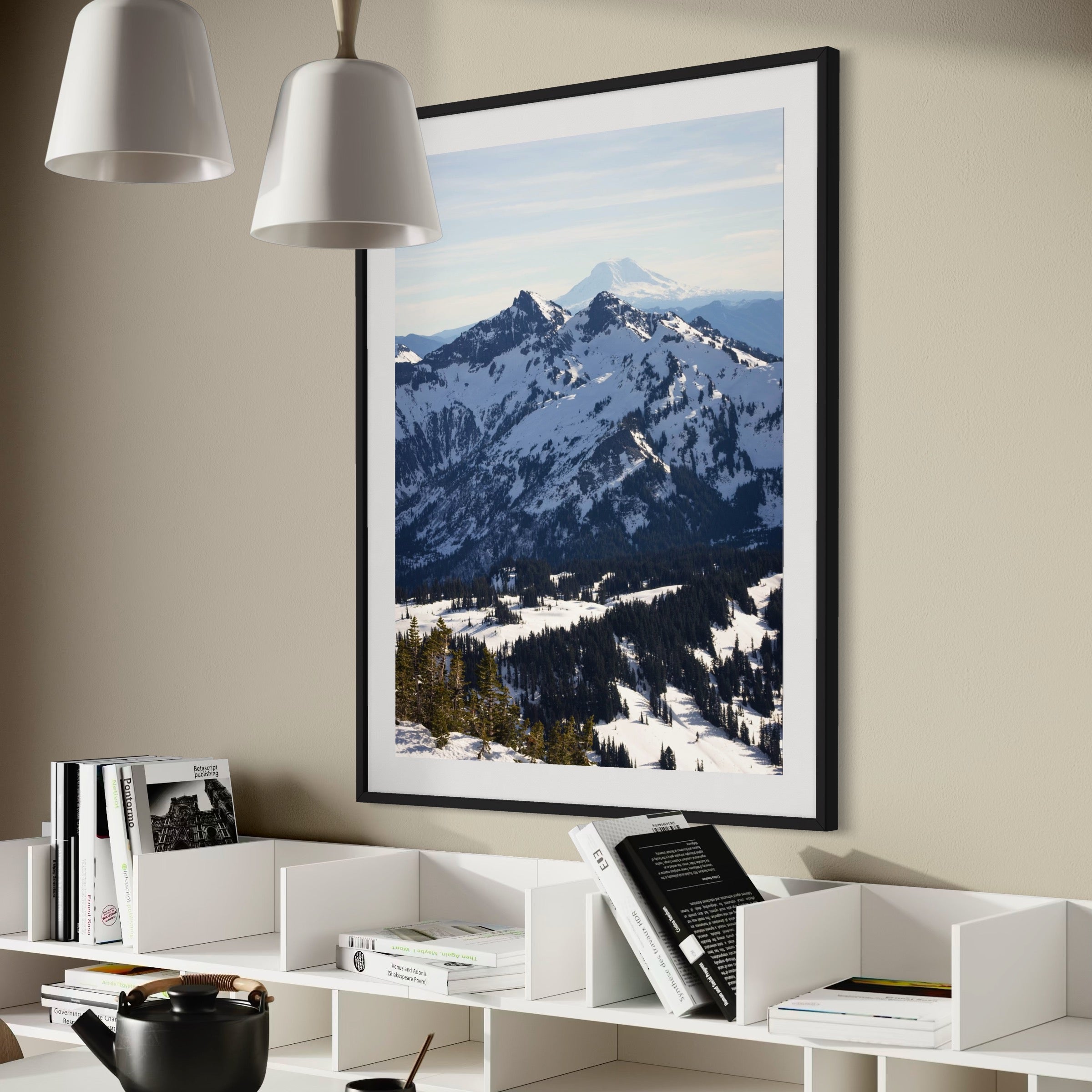Evergreen Haven Below Snowy Peaks - Moderno Wall Art Wall Art