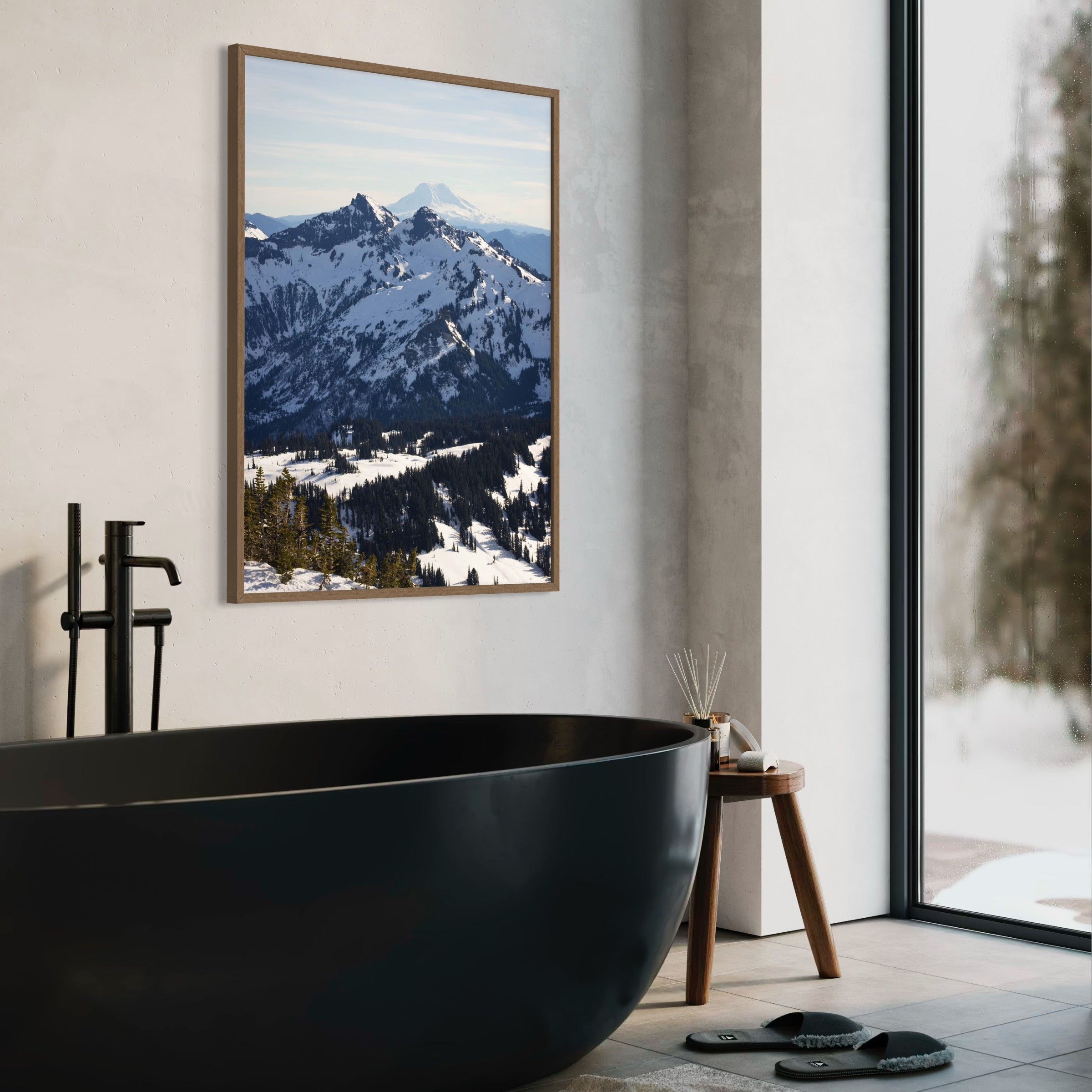 Evergreen Haven Below Snowy Peaks - Moderno Wall Art Wall Art