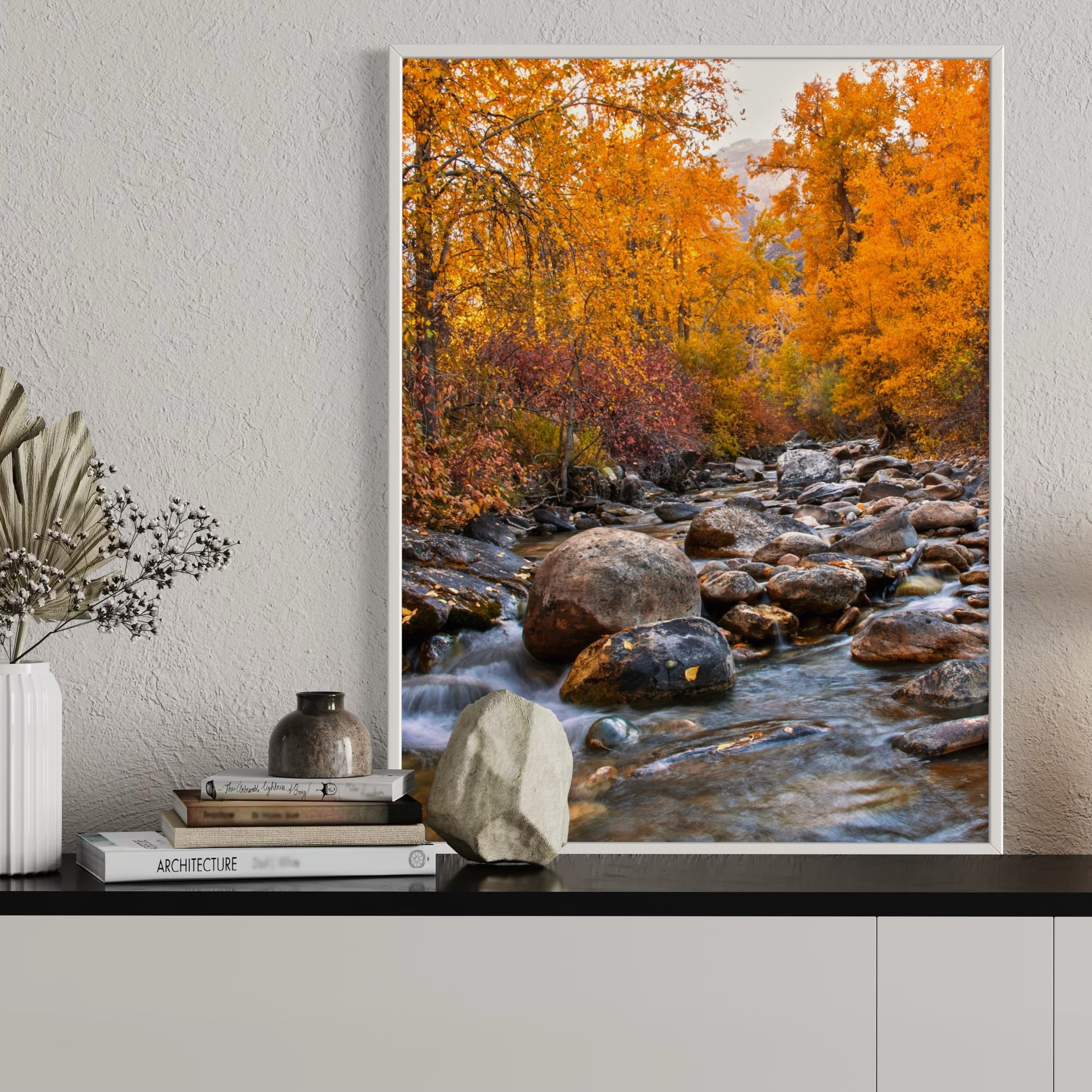 Crisp Waters, Golden Leaves - Moderno Wall Art Wall Art
