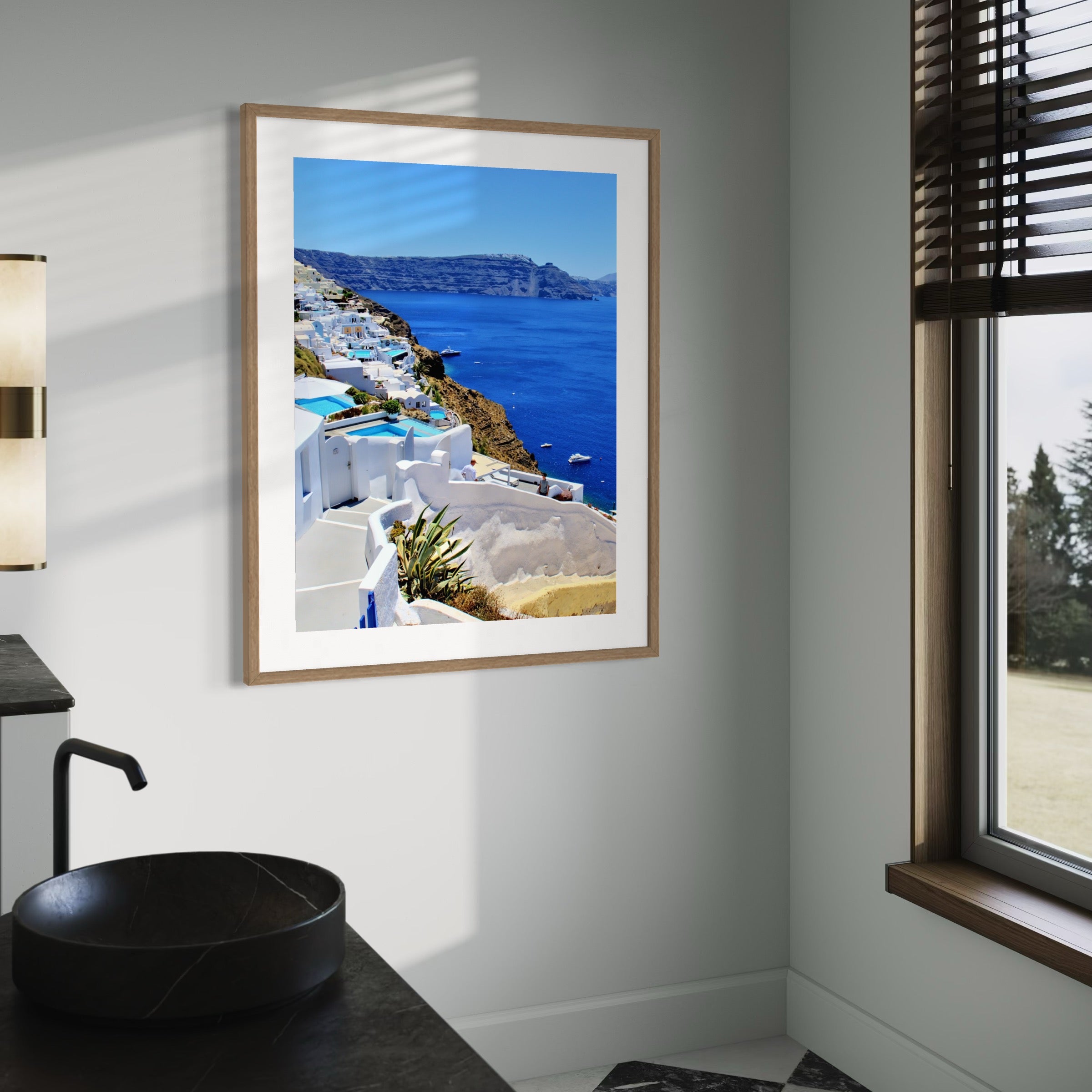 Sunlit Santorini Coastline - Moderno Wall Art Wall Art