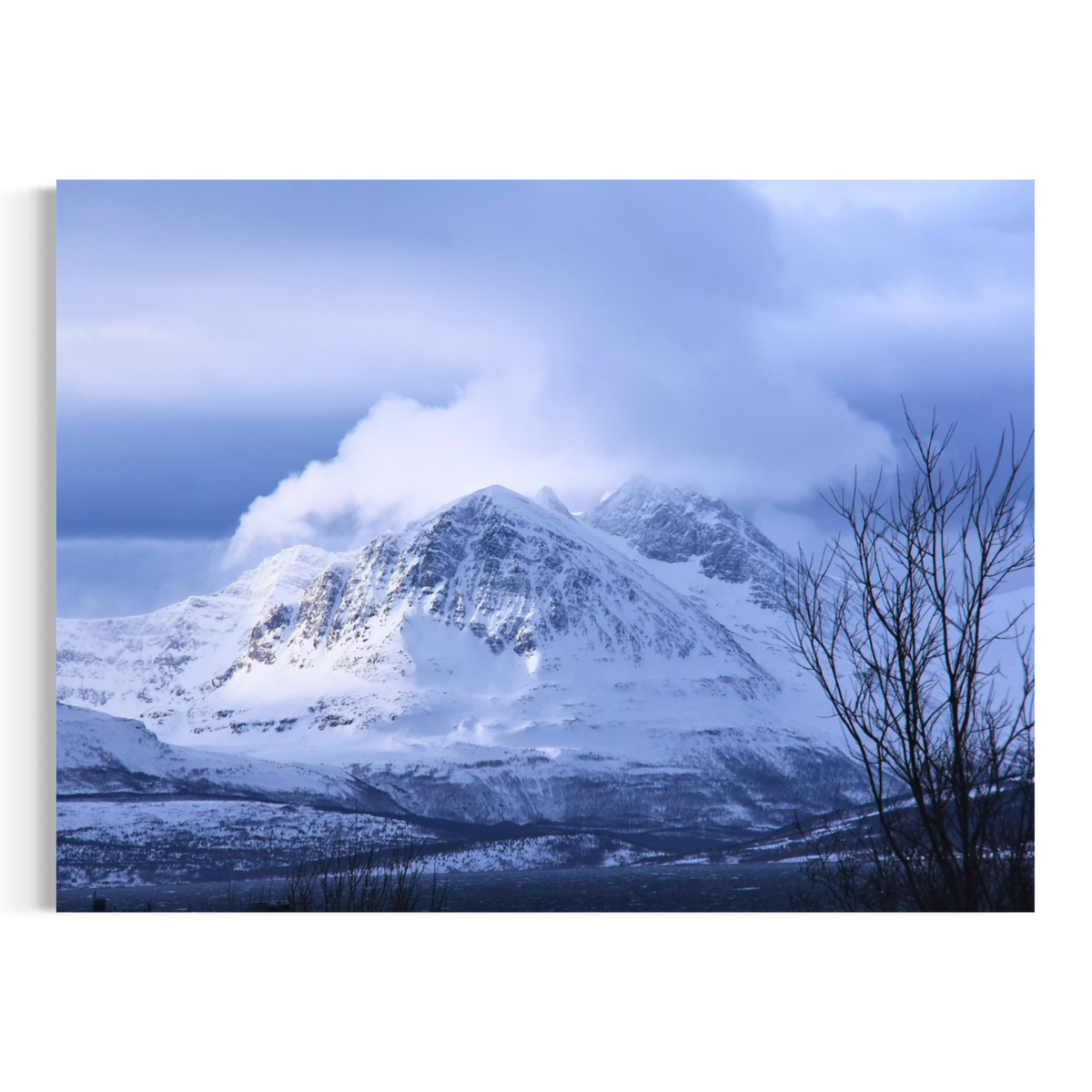 A wall art print or canvas showing a snowy mountain landscape under a blue-gray cloudy sky, with bare tree branches in the foreground. The print is displayed against a plain white wall.