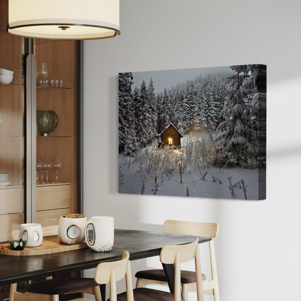 A canvas wall art print depicting a cozy, warmly lit cabin surrounded by snow-covered pine trees, displayed on a light gray wall in a modern dining room setting.