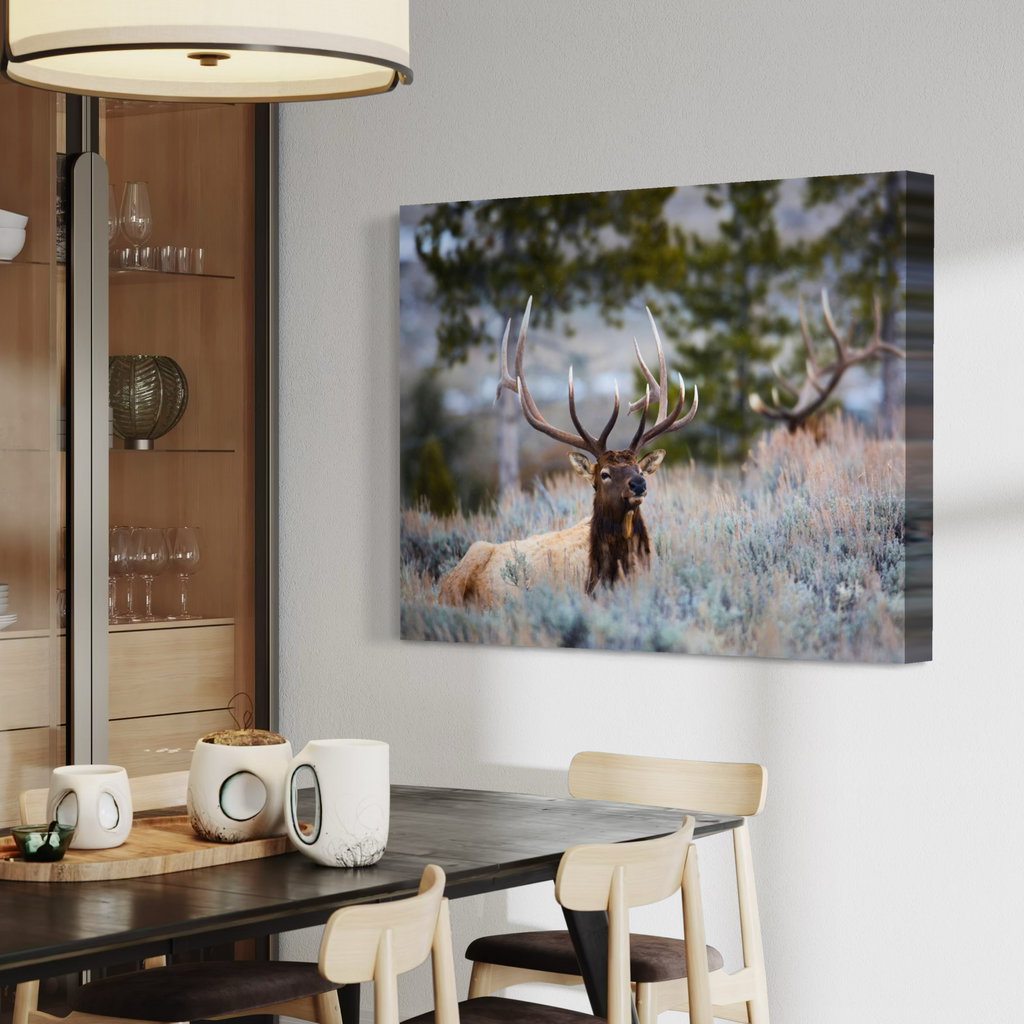 A rectangular canvas wall art print showing a large elk deer standing in a grassy field with trees behind it, displayed on a light gray wall above a dining table in a modern interior.