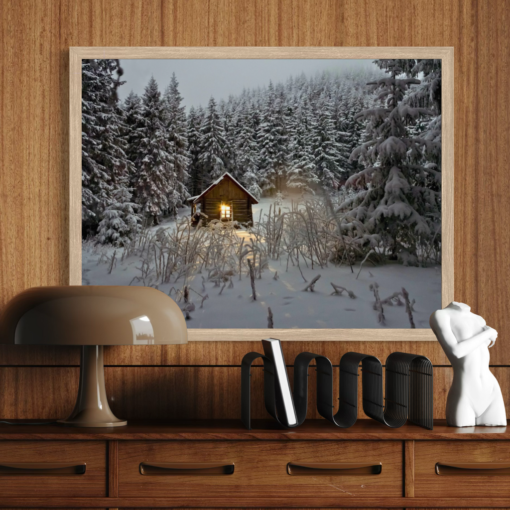 A framed winter forest print featuring a small cabin with a glowing window in a snow-covered woodland, displayed on a wooden console above furniture.