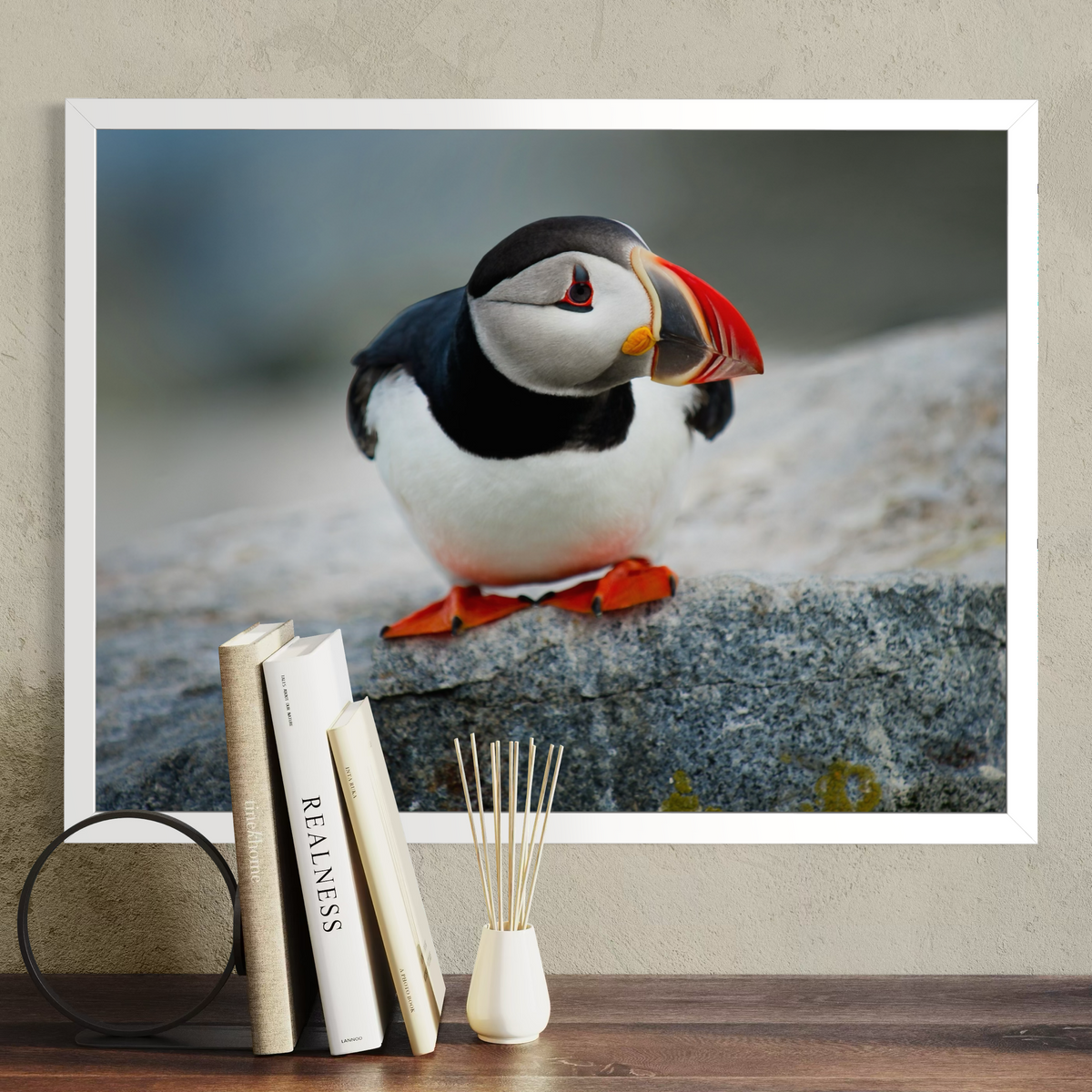 A framed photographic print of a puffin perched on a rock, displayed on a beige wall above a wooden surface with books and a reed diffuser in front.