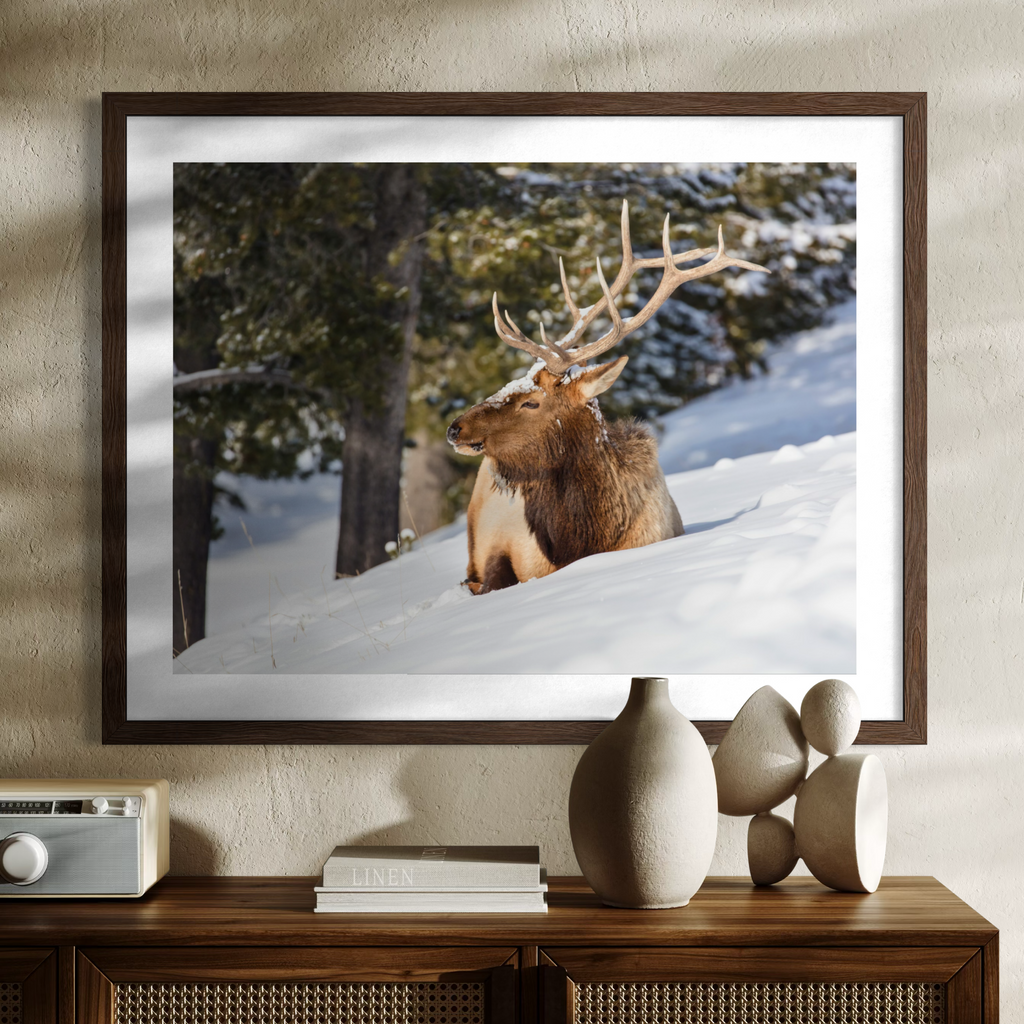 A wooden framed wall art print showing a large deer with antlers resting in a snowy forest, displayed above a wooden console table with decorative vases and books against a textured beige wall.