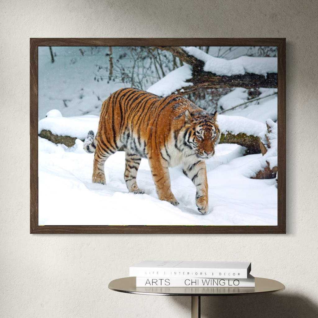 A wooden framed wall art print showing a tiger walking through a snowy winter landscape, mounted on a light beige wall above a small round table with books.
