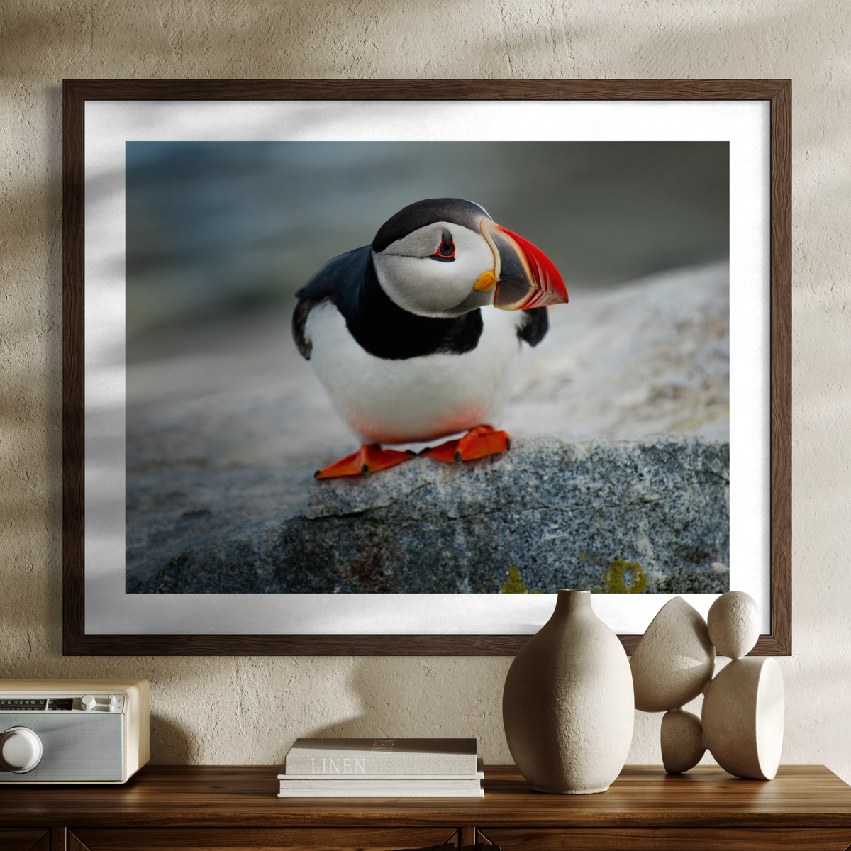 A framed photographic print of an Atlantic puffin perched on a rock, displayed on a dark wood wall above a console table with decorative ceramic vases and books.